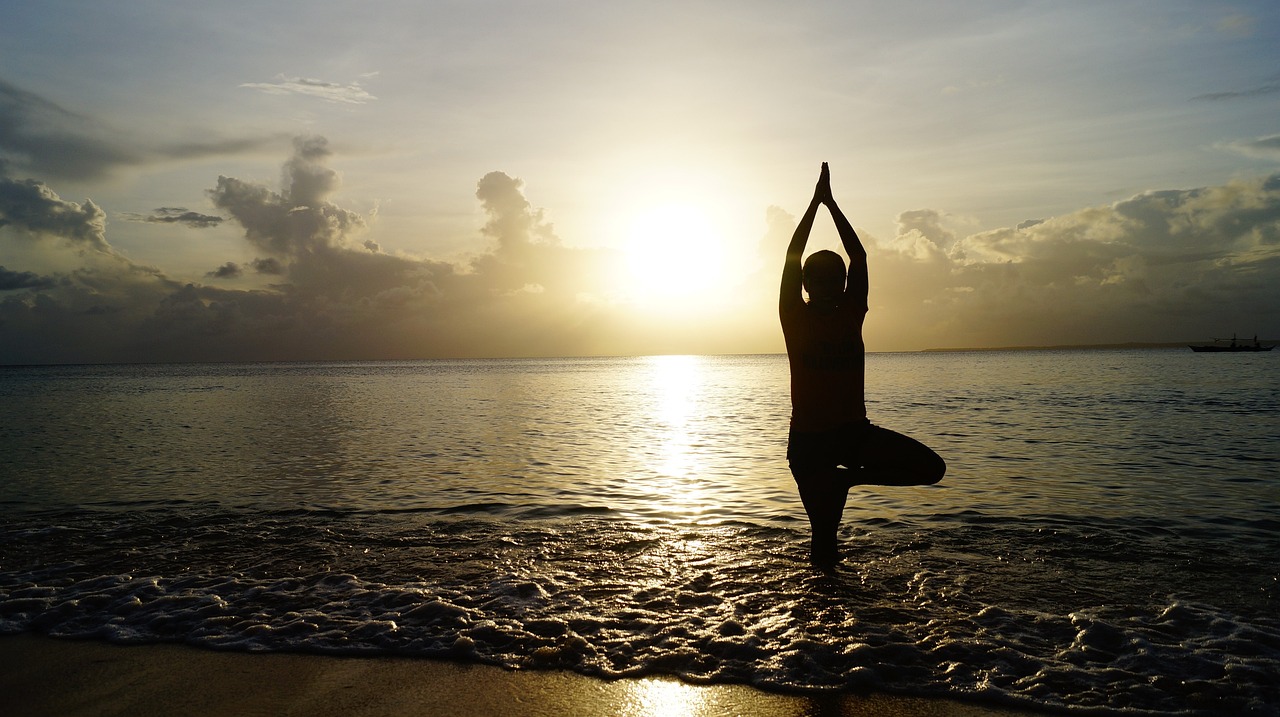 beach, yoga, nature, sunset, silhouette, person, yoga pose, shore, seashore, sea, ocean, meditate, meditation, pose, balance, calm, tranquil
